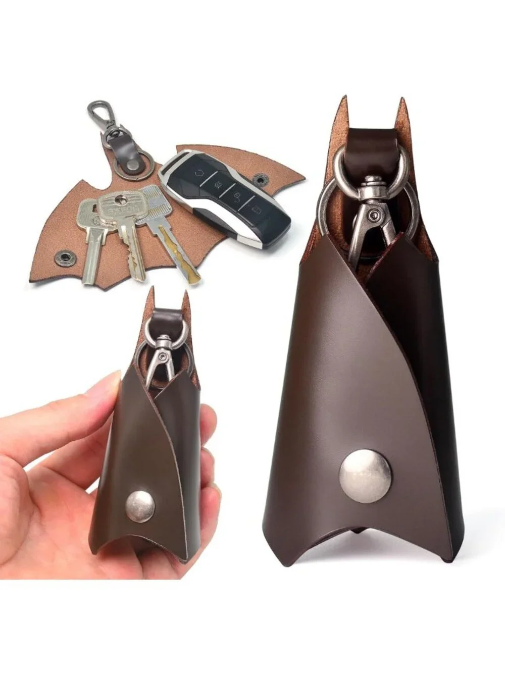 Leather Bat Keychain for Men & Women | Stylish Car Key Fob Holder, Dark Brown